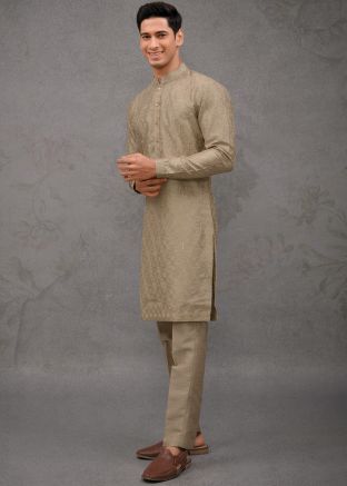 Beige Men Embroidered Kurta Pajama 