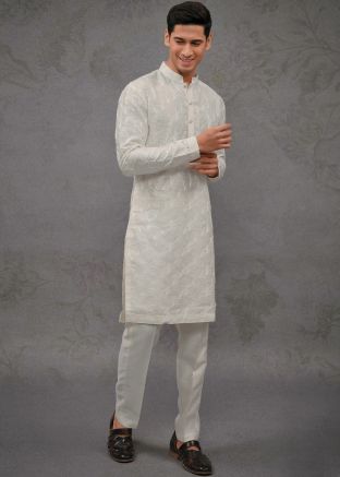 White Embroidered Silk Men Kurta Pajama