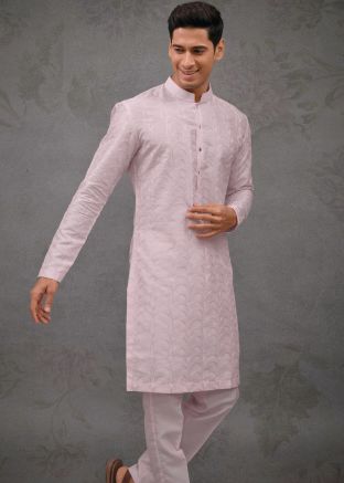Purple Embroidered Silk Men Kurta Pajama