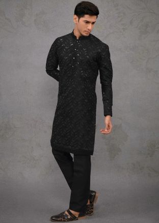 Black Embroidered Kurta Pajama In Silk