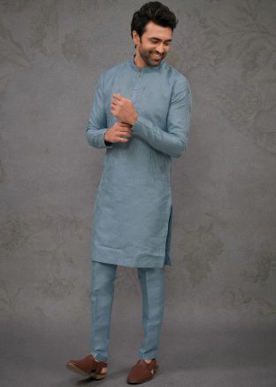 Blue Embroidered Silk Men Kurta Pajama