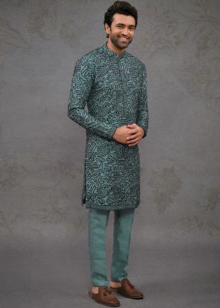 Green Embroidered Silk Men Kurta Pajama
