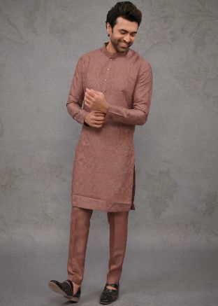 Pink Embroidered Silk Men Kurta Pajama