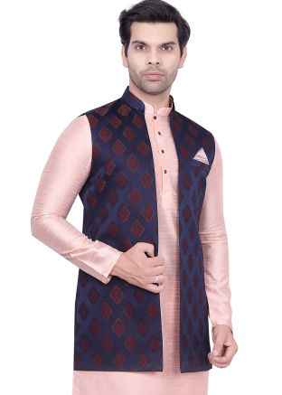 Readymade Navy Blue Woven Long Jacket For Men