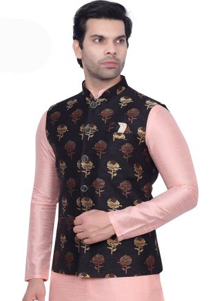 Black Men Woven Brocade Nehru Jacket