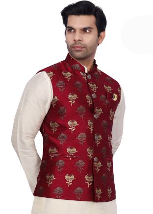 Men Maroon Woven Brocade Nehru Jacket