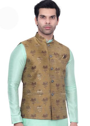 Men Brown Woven Brocade Nehru Jacket