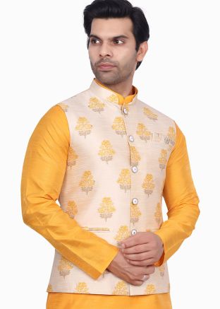 Cream Woven Brocade Nehru Jacket For Men