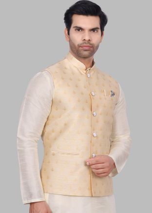 Readymade Cream Woven Jacquard Nehru Jacket