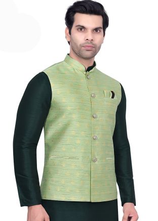 Men Green Woven Jacquard Nehru Jacket