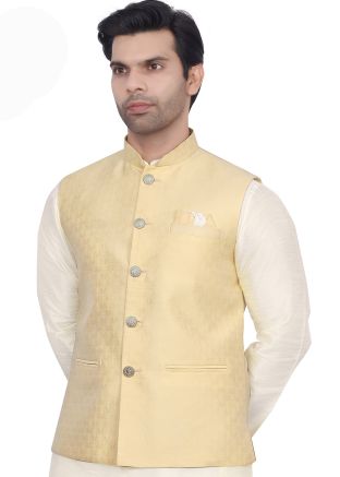 Men Pastel Yellow Woven Jacquard Nehru Jacket