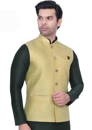 Men Pastel Green Woven Nehru Jacket