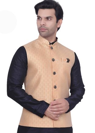 Men Pastel Pink Woven Nehru Jacket