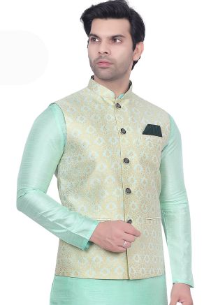 Turquoise Men Woven Nehru Jacket