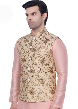 Cream Embroidered Men Nehru Jacket