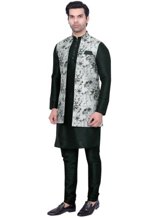 Dark Green Kurta Pajama With Woven Long Jacket