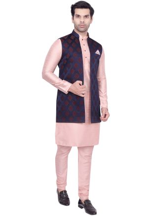 Pink Kurta Pajama With Woven Long Jacket