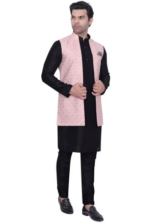 Black Kurta Pajama With Woven Long Jacket