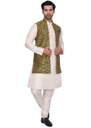 Cream Kurta Pajama With Woven Long Jacket
