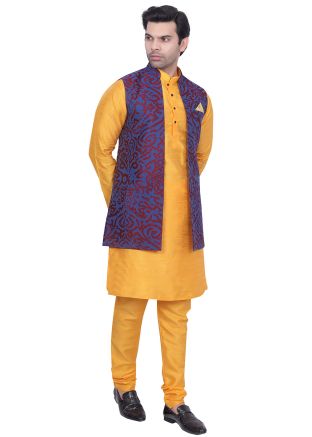 Yellow Kurta Pajama With Woven Long Jacket