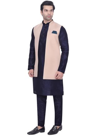 Navy Blue Kurta Pajama With Woven Long Jacket