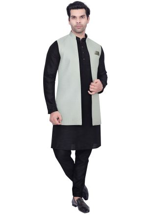 Men Black Kurta Pajama With Woven Long Jacket