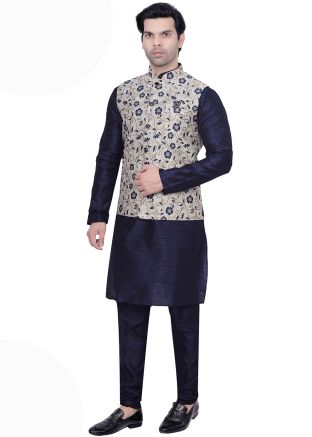 Navy Blue Kurta Pajama With Woven Nehru Jacket
