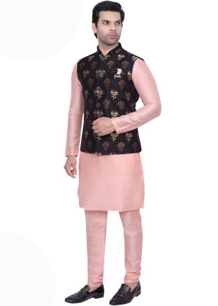 Pink Kurta Pajama With Woven Nehru Jacket