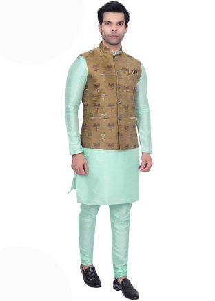 Turquoise Kurta Pajama With Woven Nehru Jacket