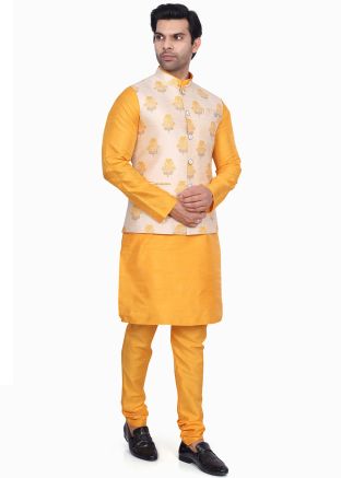 Yellow Kurta Pajama With Woven Nehru Jacket