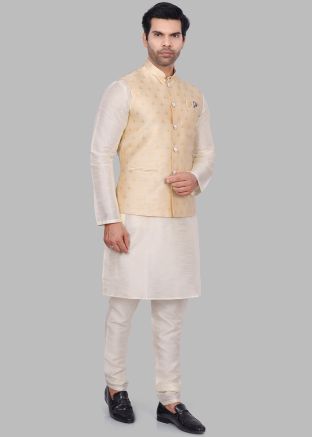 Cream Kurta Pajama With Jacquard Nehru Jacket