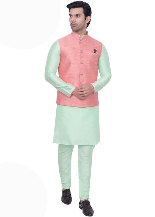 Sea Green Kurta Pajama With Woven Jacket