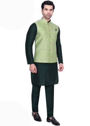 Men Dark Green Kurta Pajama With Woven Jacket