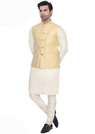 Men Cream Kurta Pajama With Woven Jacket