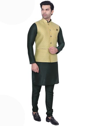 Dark Green Kurta Pajama With Woven Jacket