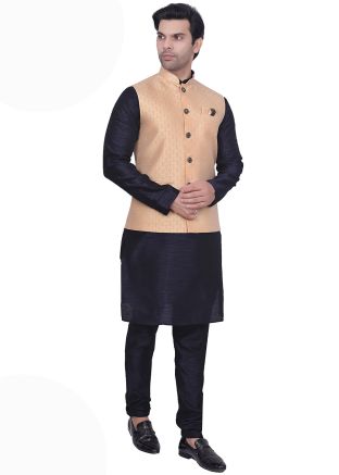 Navy Blue Kurta Pajama With Woven Jacket