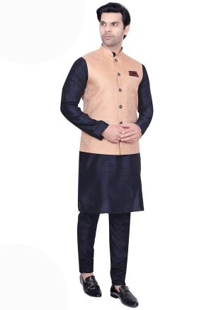 Navy Blue Men Kurta Pajama With Woven Jacket