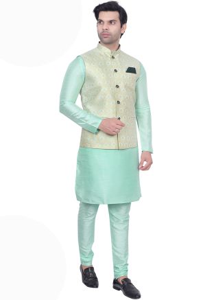 Turquoise Men Kurta Pajama With Woven Jacket
