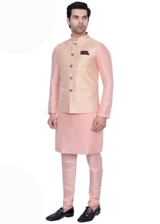 Pink Men Kurta Pajama With Woven Nehru Jacket