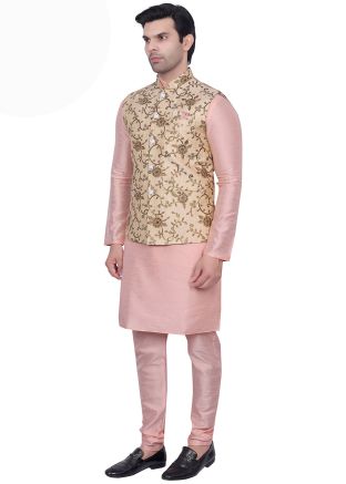 Pink Kurta Pajama With Woven Nehru Jacket