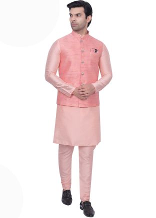 Pink Kurta Pajama With Woven Jacket