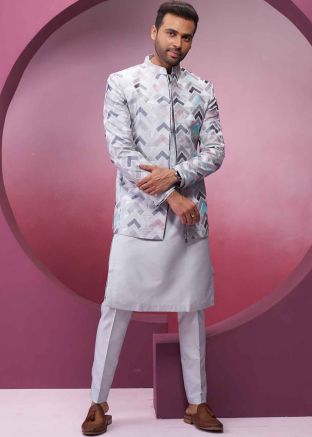 Men Grey Kurta Pajama With Embroidered Long Jacket