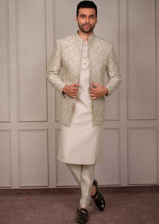 Cream Kurta Pajama With Embroidered jacket