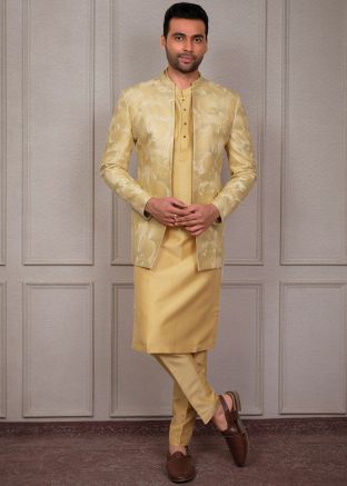 Yellow Silk Kurta Pajama With Embroidered Jacket