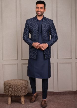 Navy Blue Silk Kurta Pajama With Embroidered Jacket