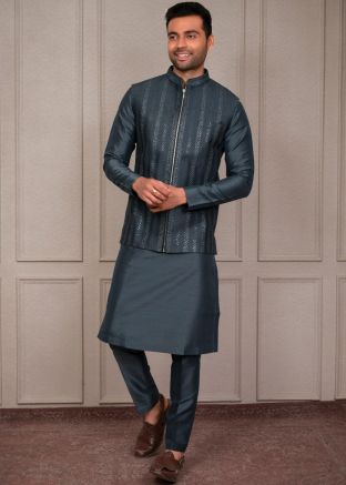 Teal Blue Kurta Pant With Embellished Jacket