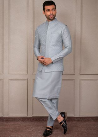 Sky Blue Kurta Pant With Embroidered Jacket