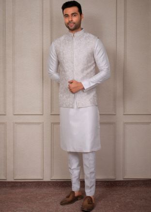 White Kurta Pajama With Embroidered Jacket