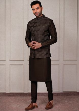 Bronw Embroidered Kurta Pajama With Jacket
