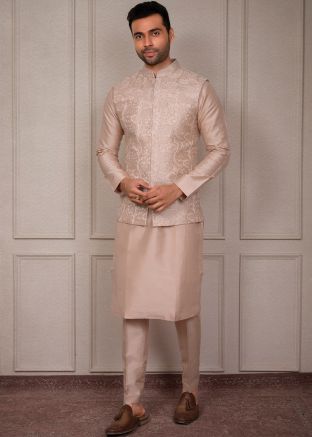 Peach Kurta With Pajama & Nehru Jacket